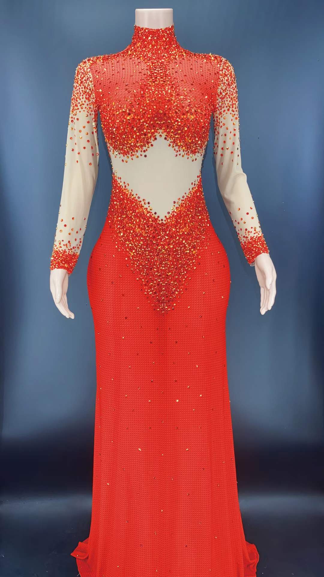 S / Red AD1154 Long Sleeve Crystal Evening Gowns Party Beading Sequin Exotic Dancewear Women Night Club Outfits