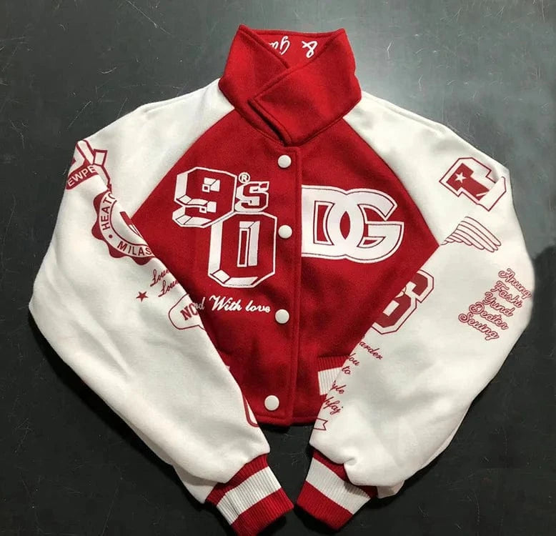 S / Red Autumn and winter lozenge lattice letters embroidered cotton jacket jacket fashionable leisure jacket female