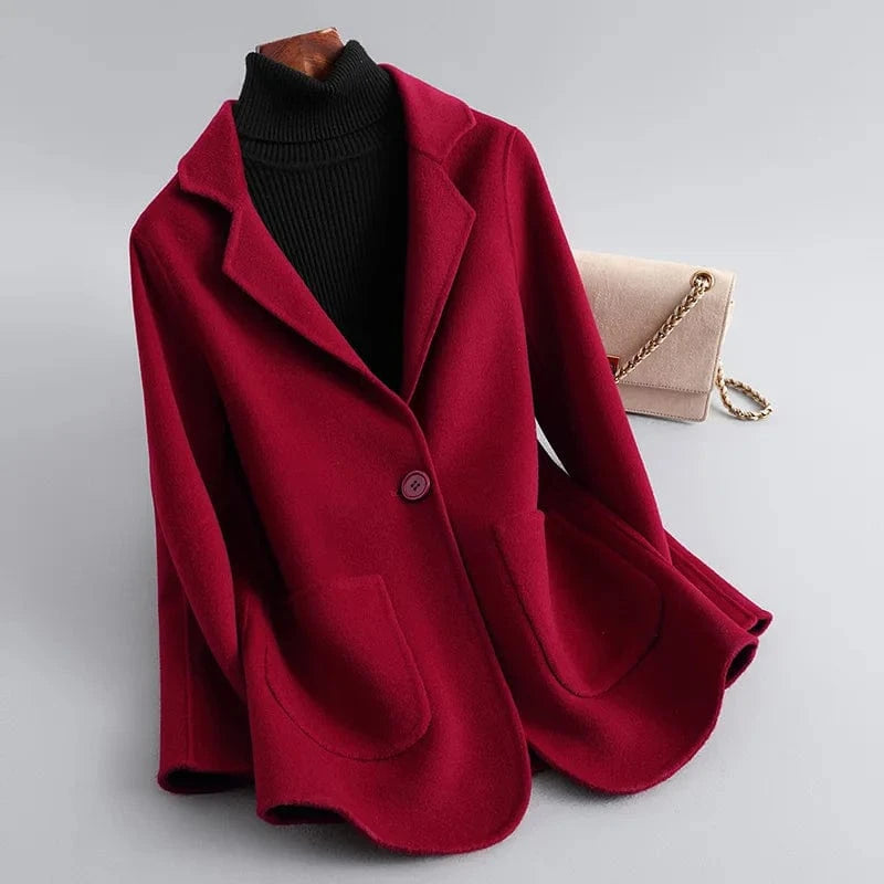 S / Red Autumn Fashion Cashmere Coat Single Button Turn Down Collar Office Ladies Wool Coats