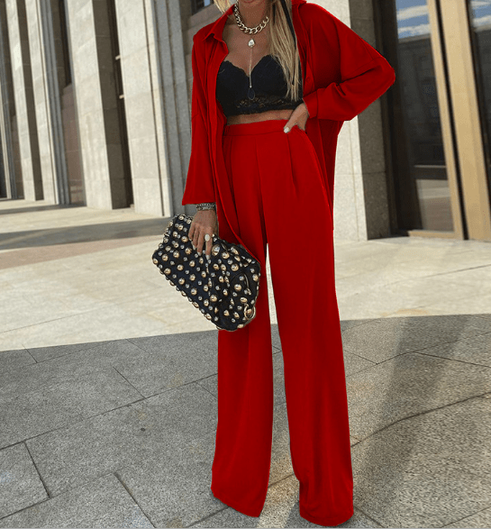 S / Red Autumn Fashion Soild Sunscreen Shirt Pant Casual Two Pieces Set Lady