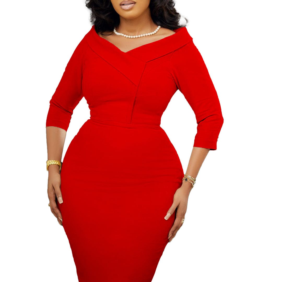 S / Red C1102ME70 Office Style Elegant Solid Color V Neck Three Quarter Sleeve Bodycon Dress Women Sehe Fashion