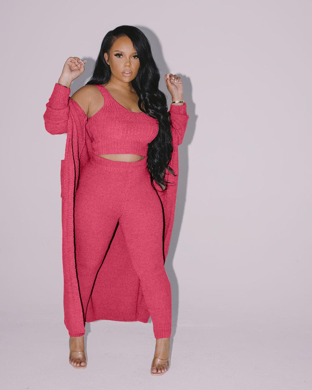 S / Red C1102TA4 New Arrival Casual Solid Color Sling Crop Top Long Coat Three Piece Pants Set Women Sehe Fashion