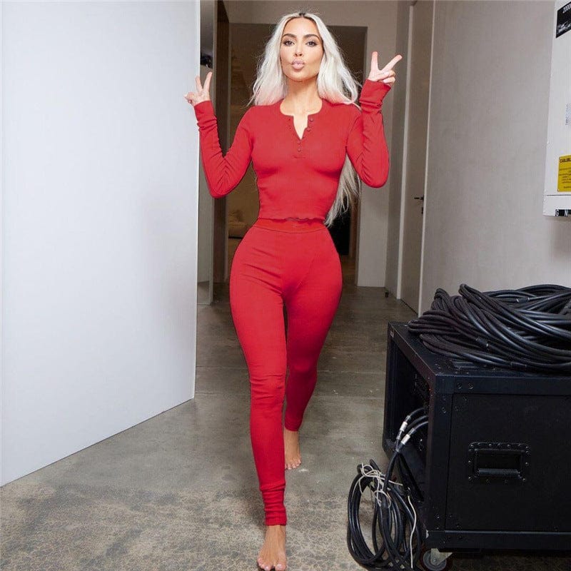 S / Red C1798 2023 Women's New Sexy Round Neck Button Top Tights Casual Sports Suit Women