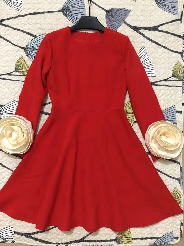 S / Red CHICEVER Casual Elegant High Waist Colorblock Spliced Appliques Dresses Woman Dress