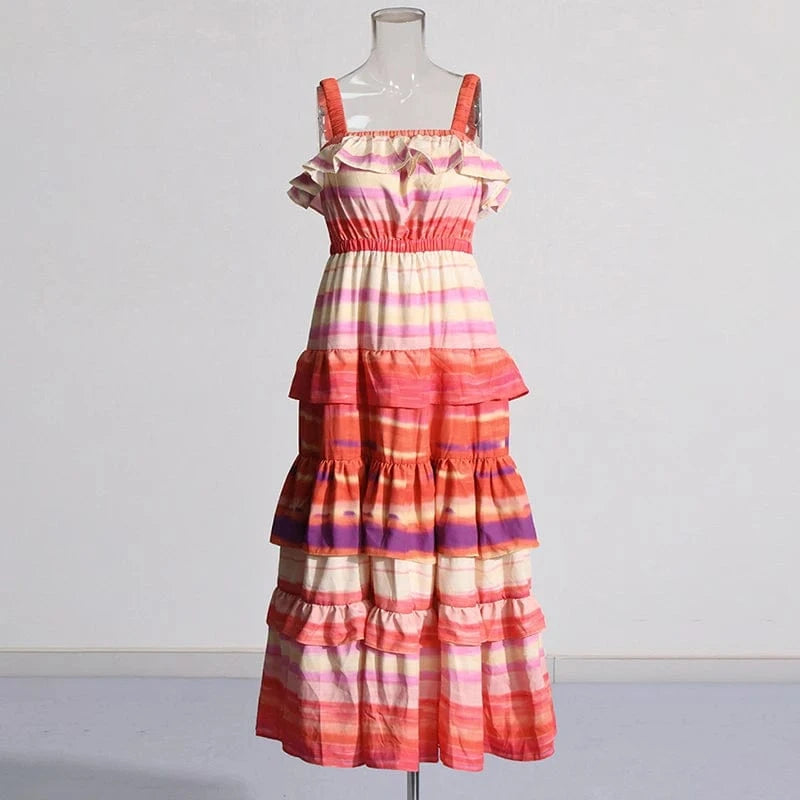 S / Red CHICEVER Casual Square Collar Sleeveless High Waist Long Dresses Summer Dress For Women