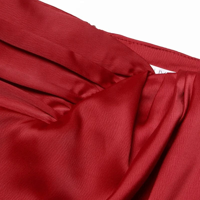 S / Red CHICEVER Fashion High Waist Patchwork Ruched Slim Midi Long Skirts For Women 2023