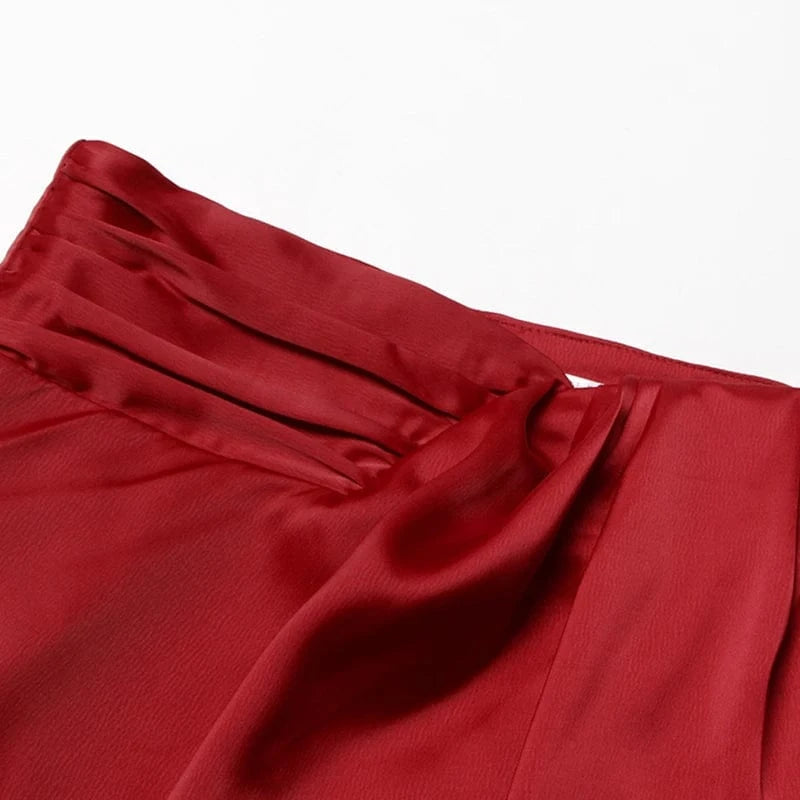 S / Red CHICEVER Fashion High Waist Patchwork Ruched Slim Midi Long Skirts For Women 2023