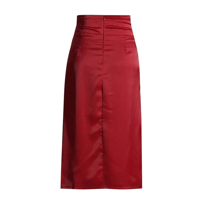 S / Red CHICEVER Fashion High Waist Patchwork Ruched Slim Midi Long Skirts For Women 2023