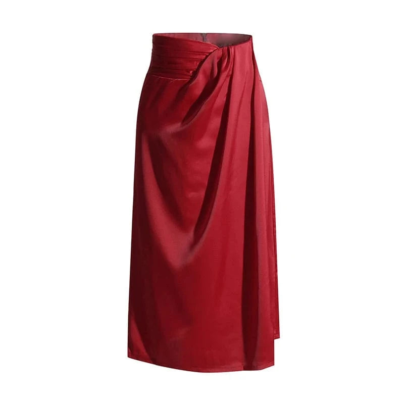 S / Red CHICEVER Fashion High Waist Patchwork Ruched Slim Midi Long Skirts For Women 2023