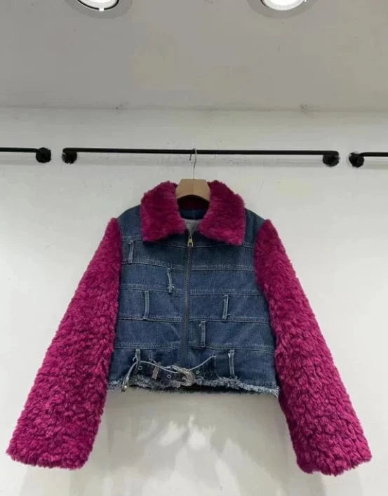 S / Red CHICEVER Fashion Lapel Long Sleeve Patchwork Lambswool Winter Jackets For Women 2023