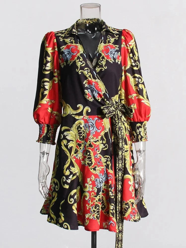 S / Red CHICEVER Hit Color Printing High Waist V Neck Slim Dresses Women Long Sleeve Dress