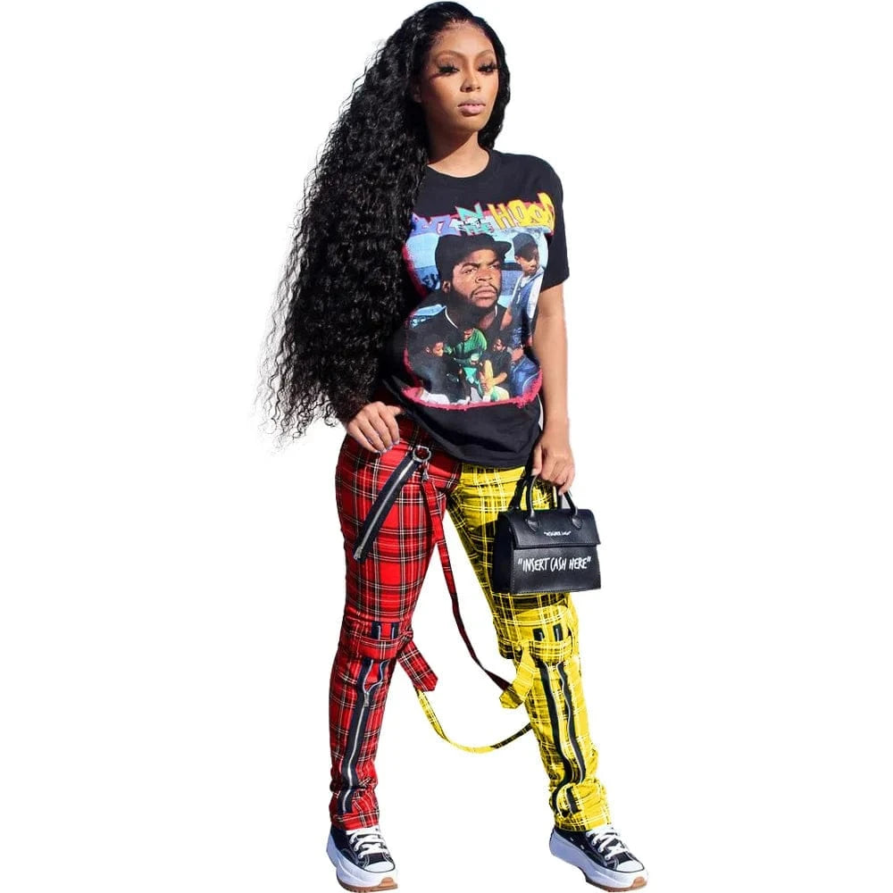S / Red Designer Trendy Print Patchwork Plaid Women's Pants Trousers Hip Hop Y2K Casual Ladies Zipper Stylish Ladies Pants With Straps