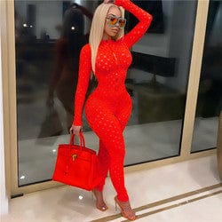 S / Red EB-2023 new100806    Casual Ladies Bodysuit Rompers Solid Color Mesh Adjustable Zipper Sexy Skinny One Piece Fall Women Jumpsuit