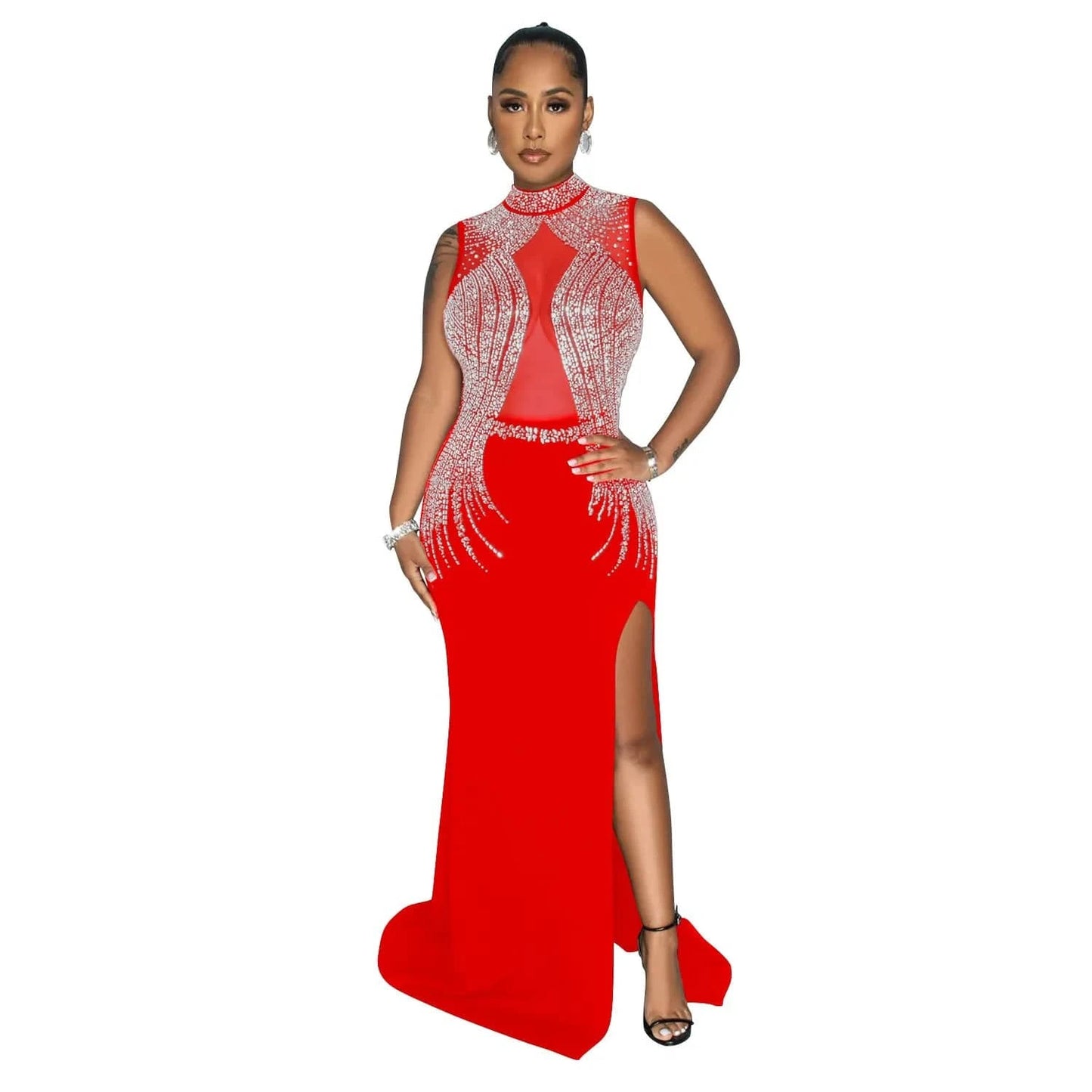 S / Red European and American fashion women's solid color mesh hot diamond slit long skirt dress