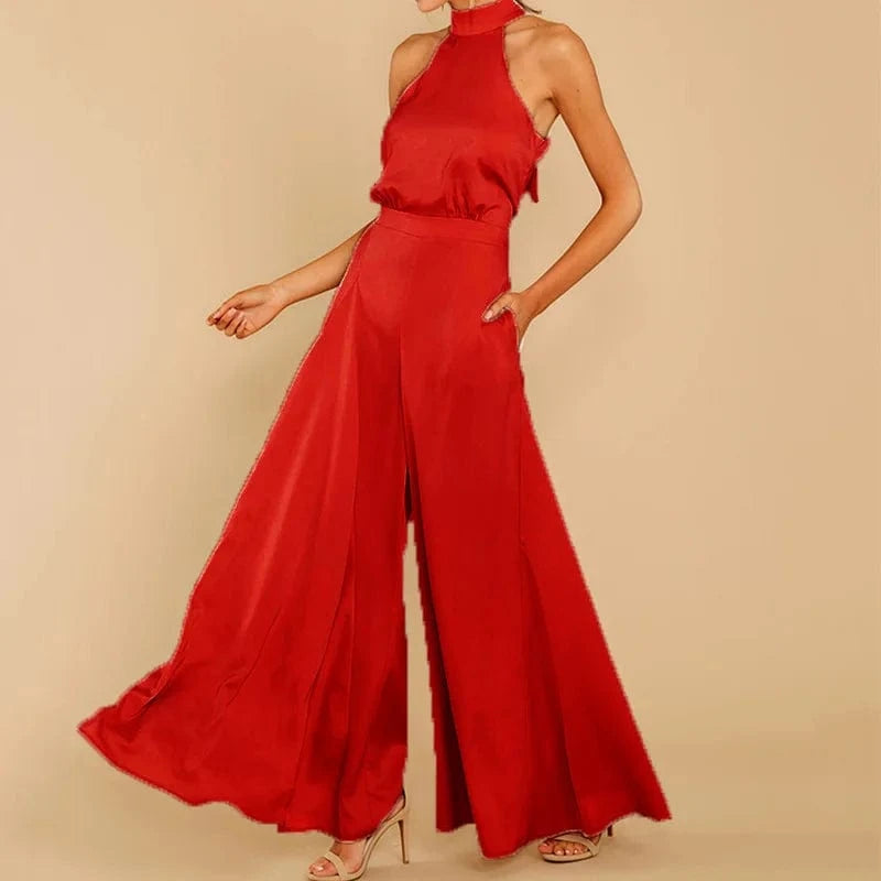 S / Red fashion jumpsuit women spring summer off-the-shoulder high-waist one-piece wide-leg pants women