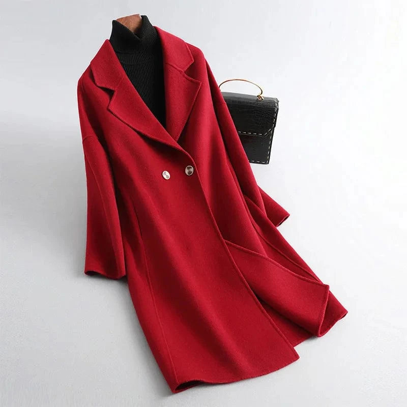 S / Red Hot Sale Winter Custom Solid Color Cashmere Coat Turn Down Collar Women Wool Trench Coat