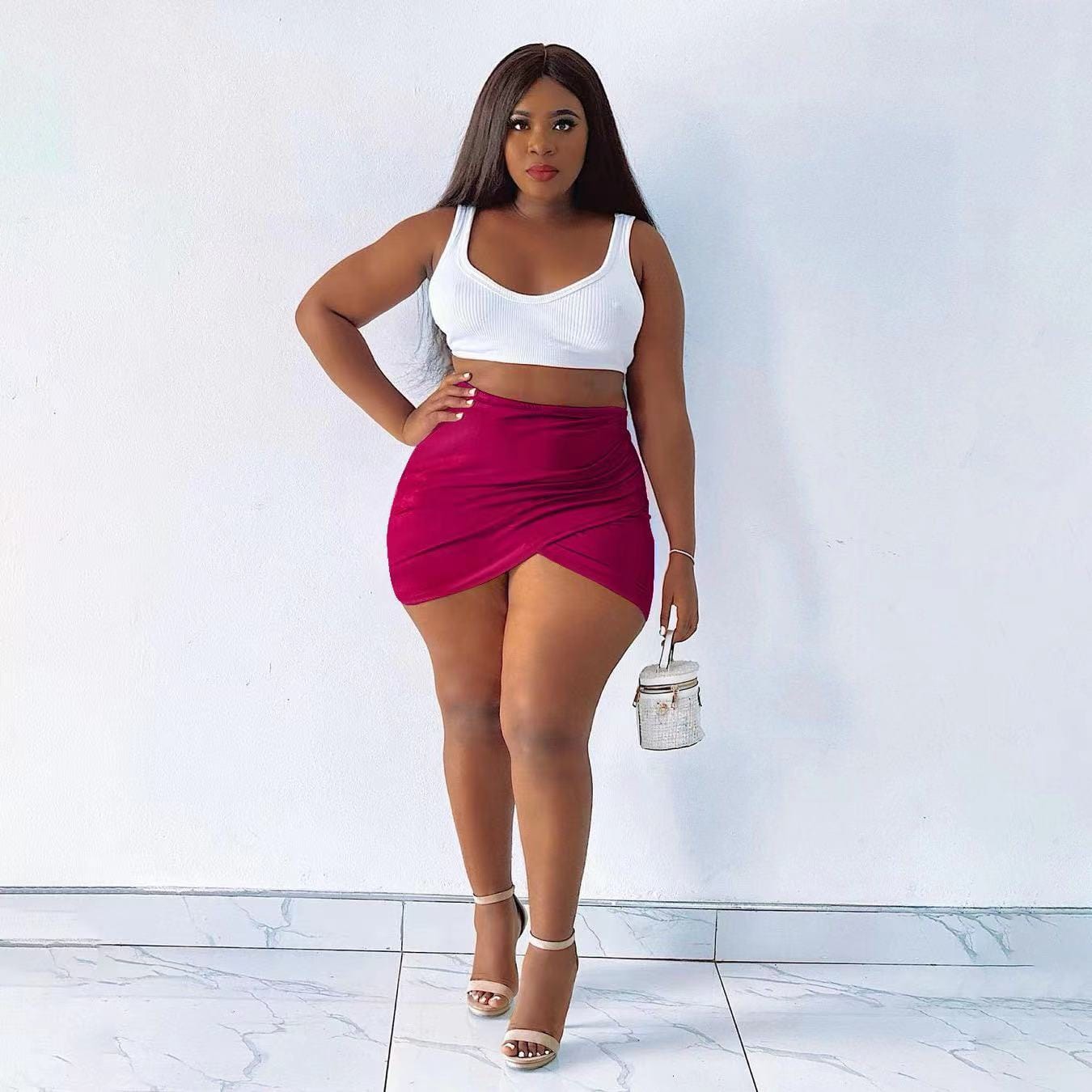 S / Red J&H 2023 new arrivals white ribbed tank top and sexy mini skirts 2 piece set women slim fit summer skirts outfits club wear