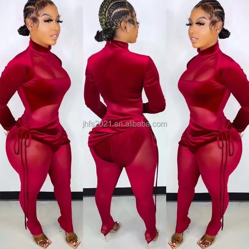 S / Red J&H fashion sexy hot sale long sleeve high collar turtle neck bandeau see-through one piece jumpsuit mesh bodysuit club wear