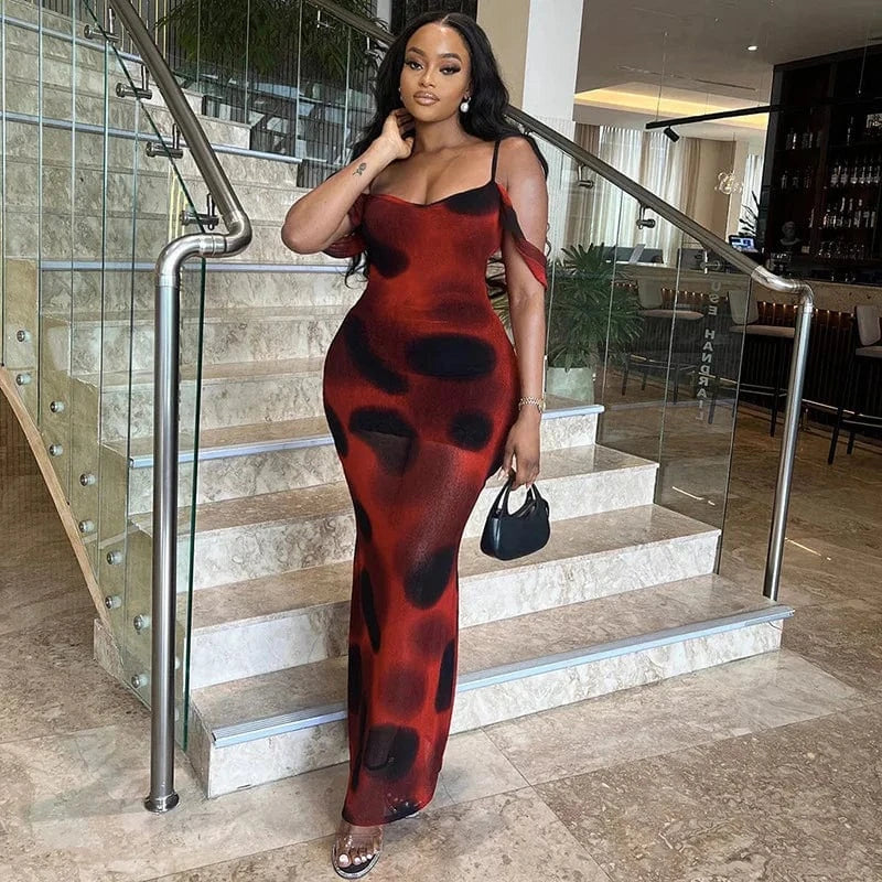 S / Red J&H Summer 2024 New Sexy Contrasting Polka Dot Printed One Shoulder Strap Mesh Floral Sleeveless Long Maxi Dress