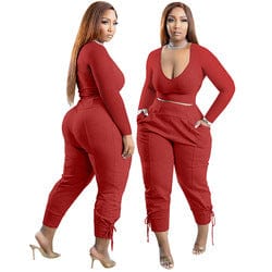 S / Red kc fall women clothes S-5XL casual long sleeve U neck top and joggers 2 piece pants set fashion sweatsuit