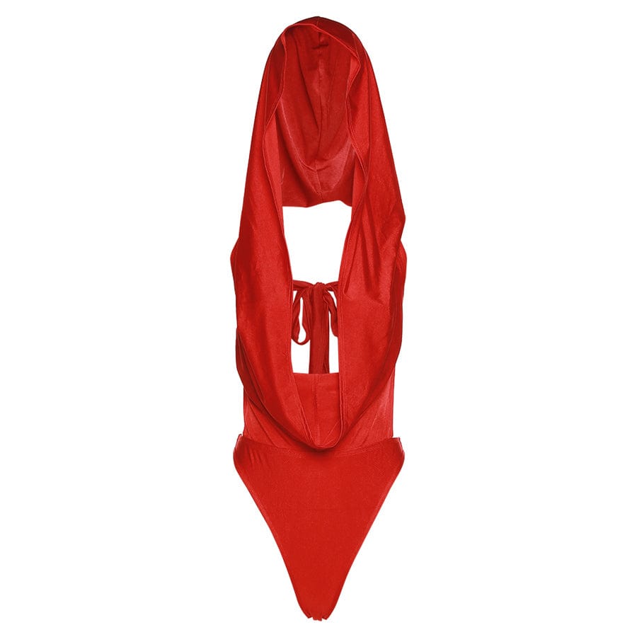 S / Red Kliou K22K24062 Sexy Deep V Neck Bodysuit Women Fashion Hooded Red Sleeveless Backless Skinny Bodysuits Ladies Party Wear