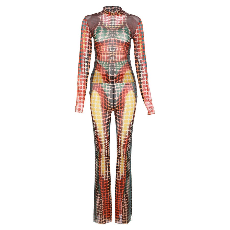 S / Red Kliou K22S24250 Fashion Street women's suit Long Sleeve Skinny Tops+ High Waist Straight Pants Mesh Dot Print2 Piece set women
