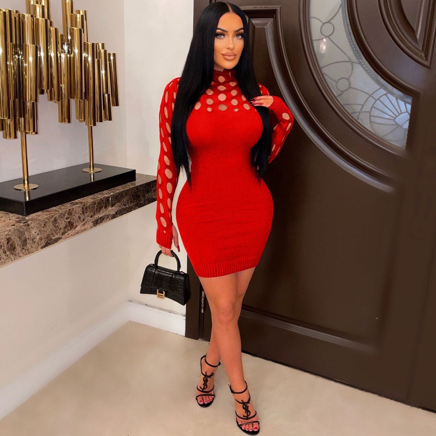 S / Red Knitted Women Dress Slim Fit Bodycon Fall &Winter Ladies Solid Hollow out Bodycon Dress for Women Clothing