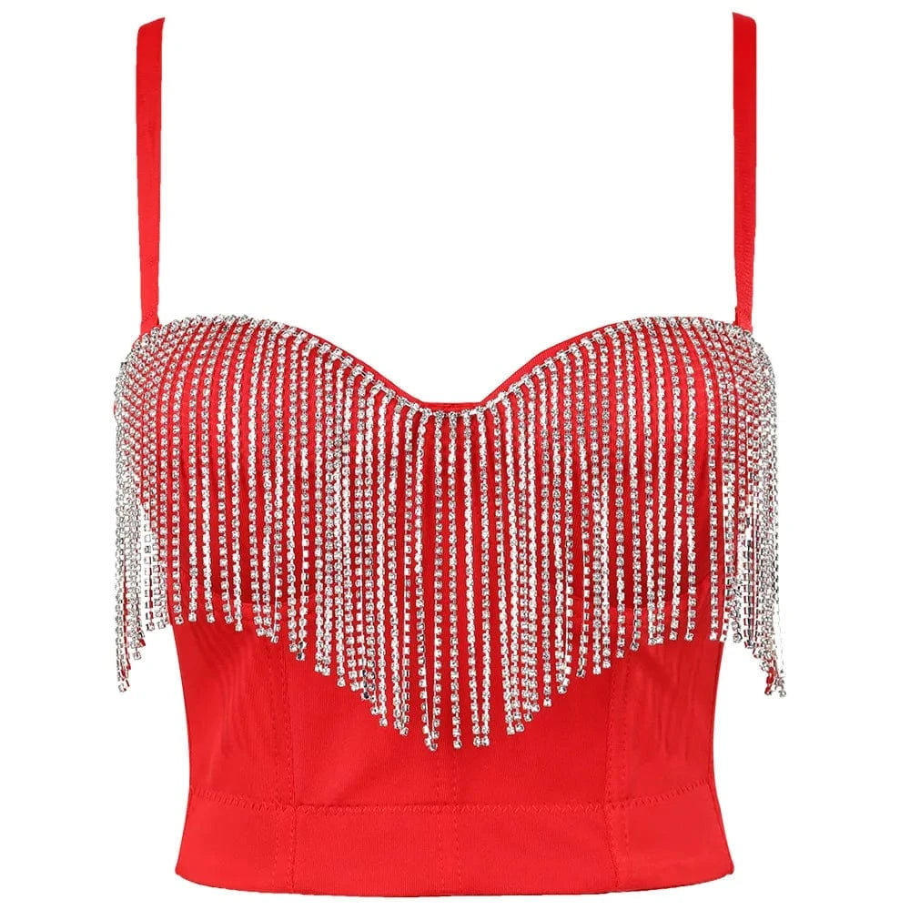 S / Red Ladies Sexy Party Bling Rhinestones Corset Cropped Top Trendy Diamond Bra Camisole Tank Top