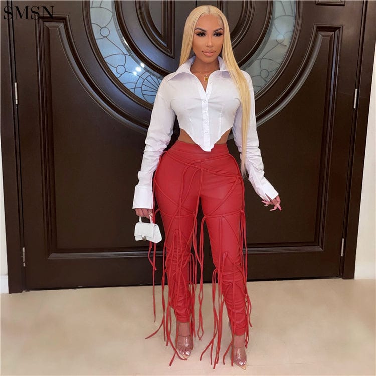 S / Red Latest Design Solid Color Fringed Zipper Leather Pants Casual Pants For Women