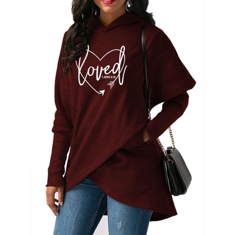 S / Red loved letter print Warm cross hot sale loose Women Hoodies sweatshirt irregular hem design long sleeve women sweatshirt