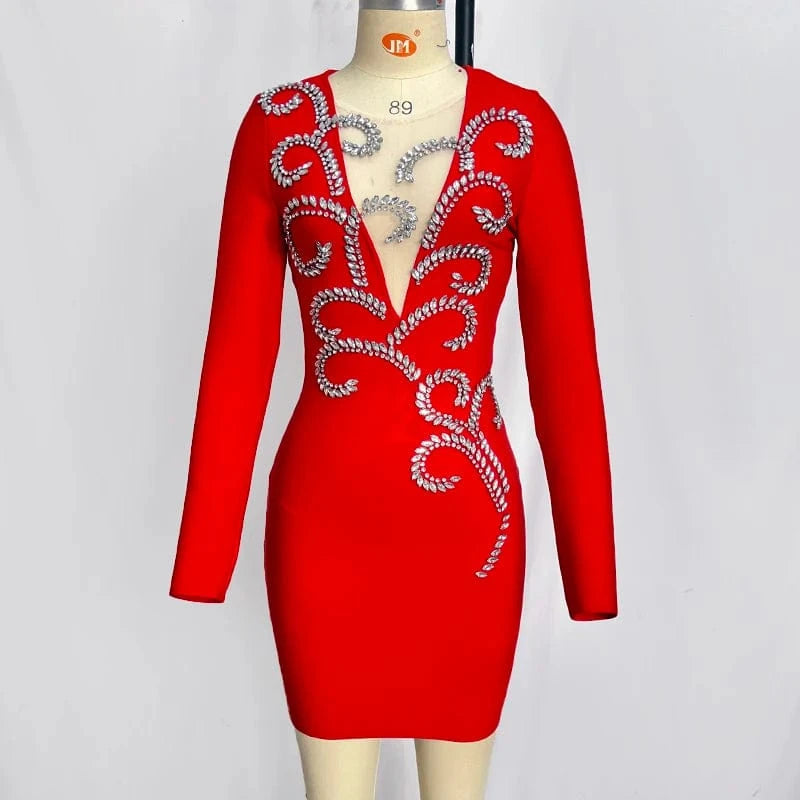 S / Red LS2367 Kimshein High Quality Bandage Dresses Long Sleeve V Neck Dress Rhinestone Dress  For Women Party