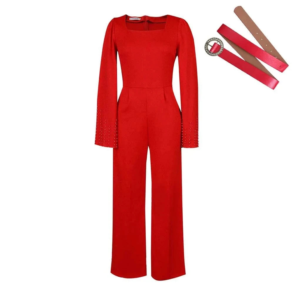 S / Red New Arrival Solid Wide-leg Beaded Cape Casual Temperament Women Jumpsuits