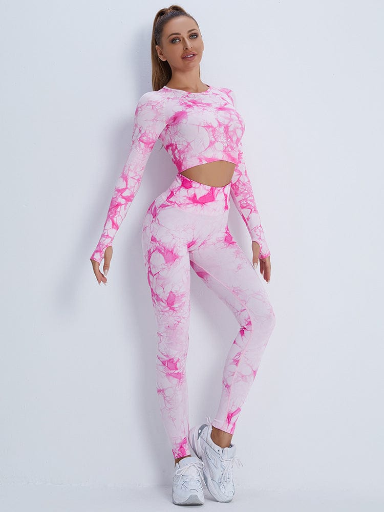 S / Red New seamless Yoga suit long suit tie dyed high waist hip lifting Yoga Pants women's long sleeved top sportswear  New seamless Yo