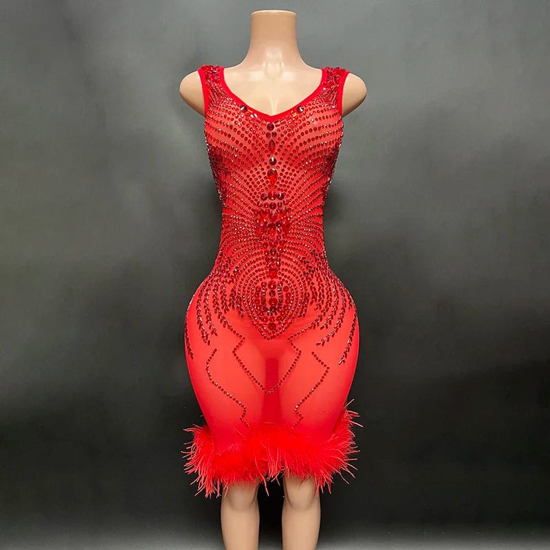 S / Red NOVANCE novedades 2023 new style black feather diamonds sparkling knee length sexy dresses women night party club outfit bar