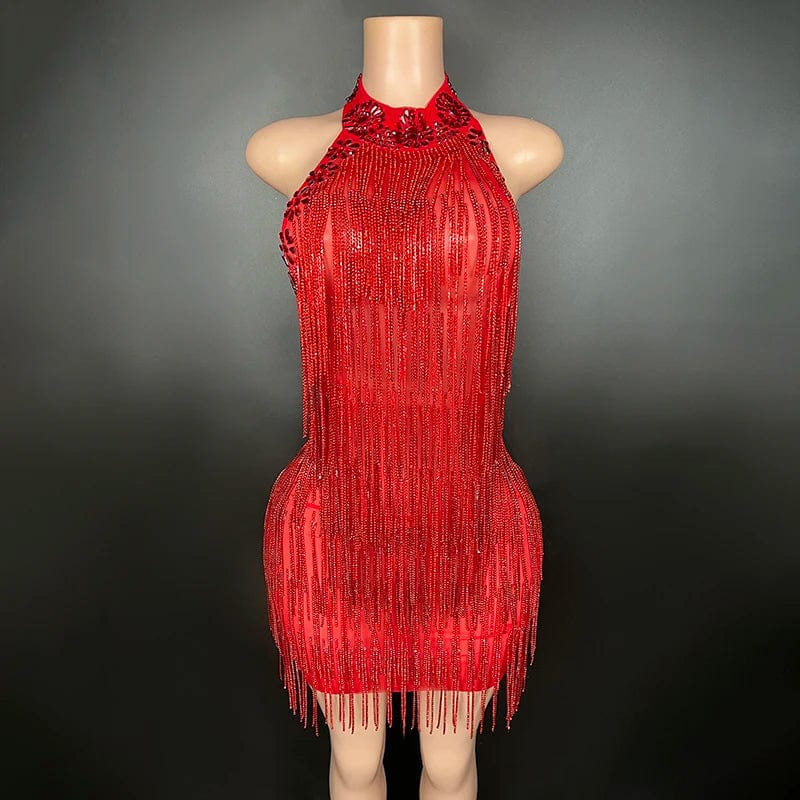 S / Red Novance Y2336 hot sale 2024 mini gold dresses women party sexy high neck luxury designer clothes for women with tassel