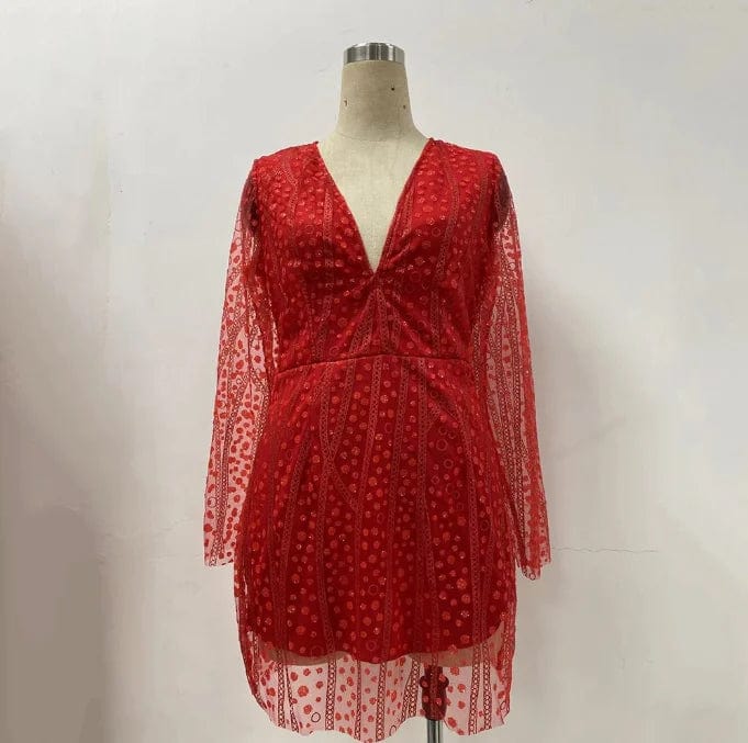 S / Red OEM Factory Hot Selling Sequin Foil Print Deep V-neck Sexy Short Women Dress