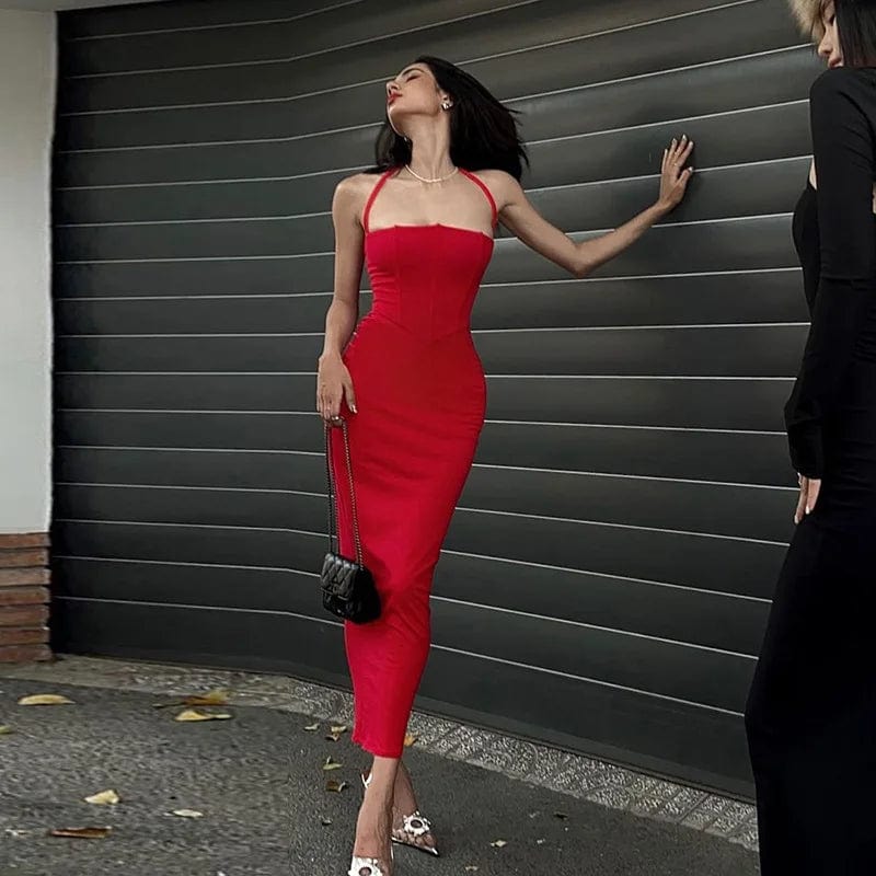 S / Red OUDINA New Fashion Slimming Halter Neck Elegant Women's Party Dress French Style Long Dresses For Ladies