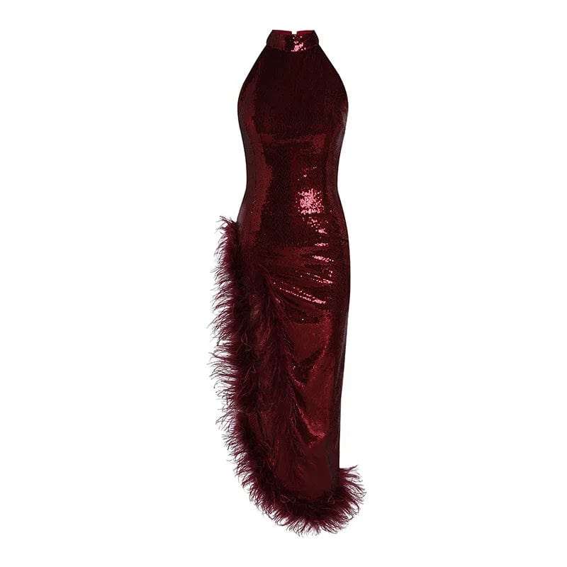S / Red OUDINA Wholesale Backless Irregular Halter Neck Feather Party Long Dress Bling Sequin Women Evening Elegant Dresses