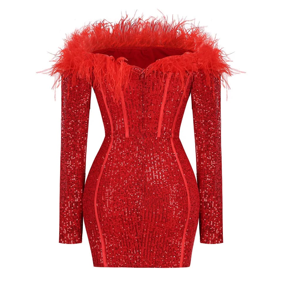 S / Red OUDINA Wholesale New Style Feather Sequins Sexy Shinny Long Sleeve Party Dress Evening Elegant Dress For Women