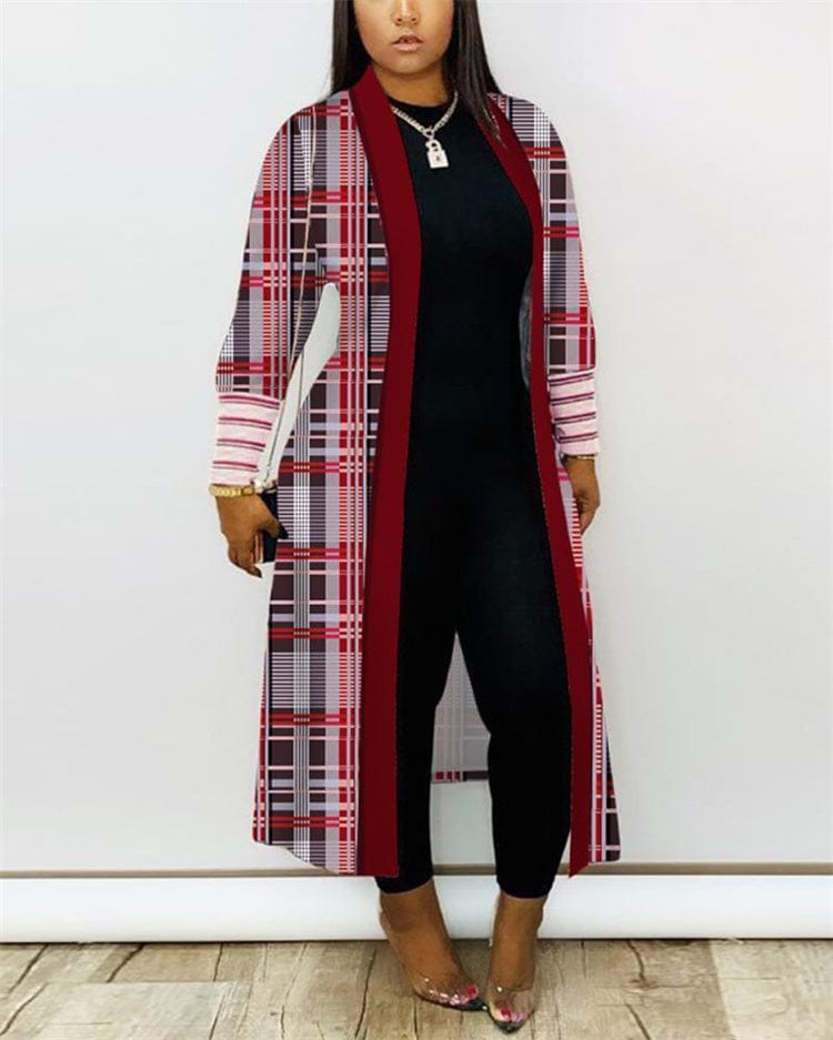 S / Red print New Fashion Cardigan Windbreaker Loose Long Sleeve Vertical Casual 3XL Cloak Plaid Retro Sexy Coat