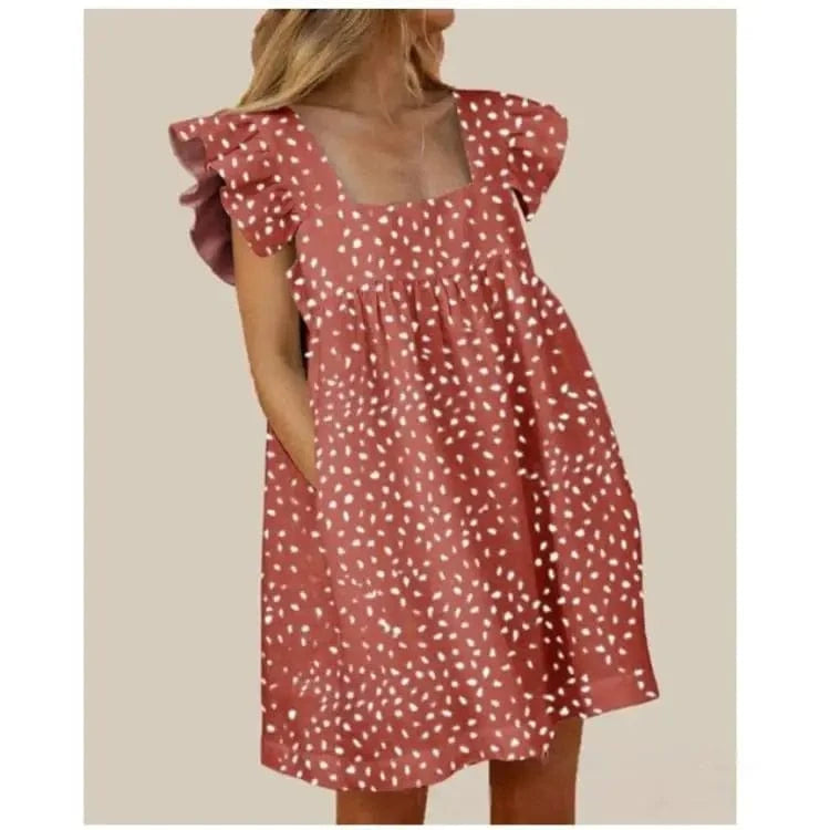 S / Red printing S-XXL Summer New Dress Fragmented print color blocking square neck ruffle edge sleeve solid color large hem dress