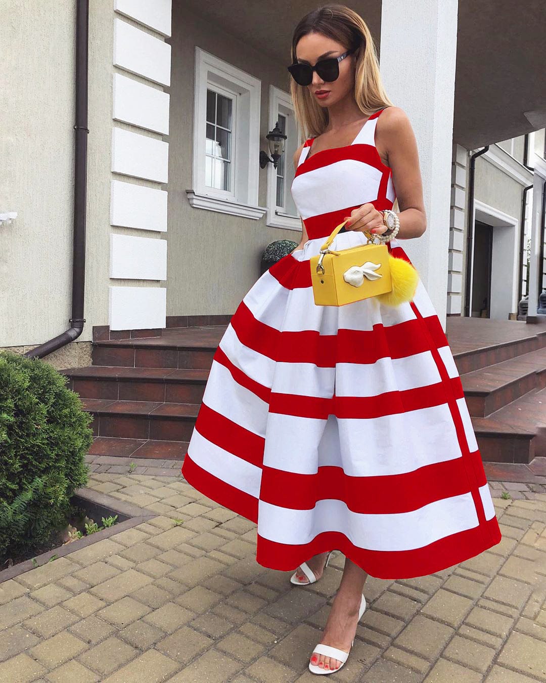 S / Red S M L XL New Spring/Summer Women's Fashion Long Dress Sling Striped Party Dress