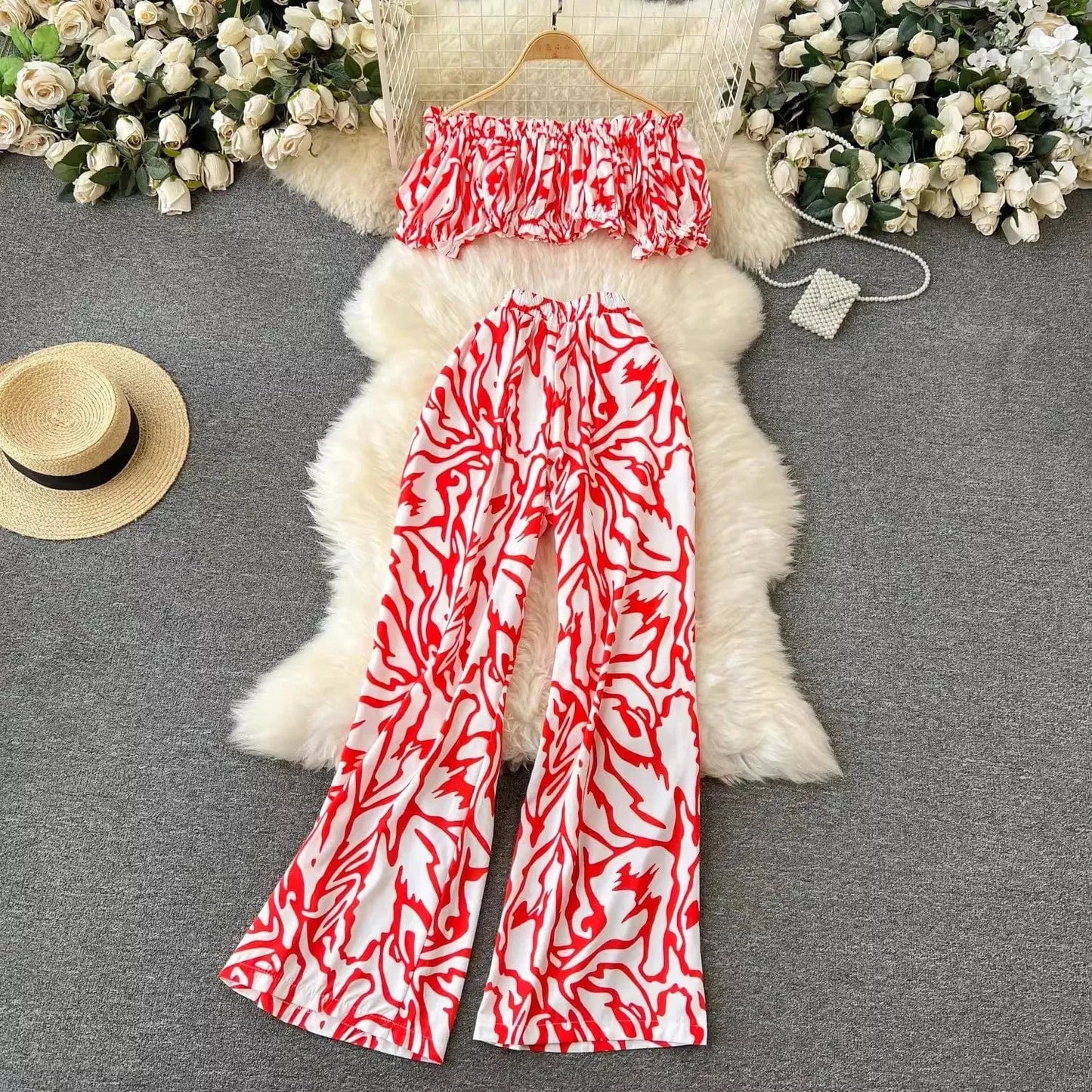 S / Red S-XL Tourism outfit Temperament One Shoulder Short Printed Top High waisted and wide leg printed pants two-piece set