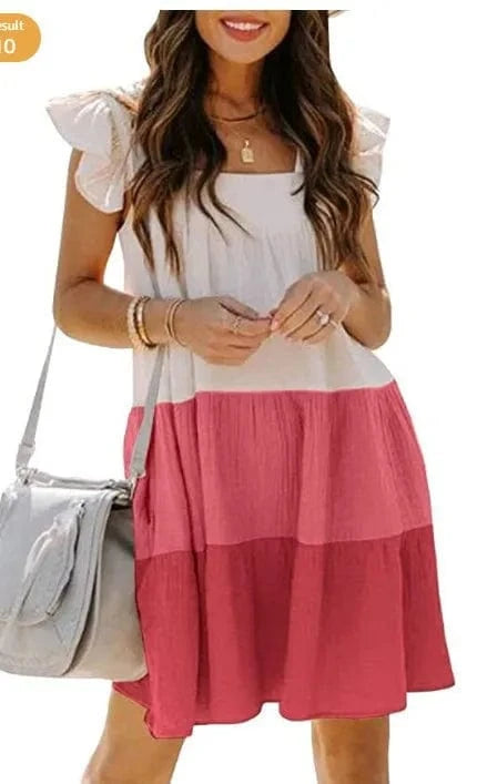 S / Red S-XXL Women's New Dress Double layered color blocking square neckline medium length swing skirt