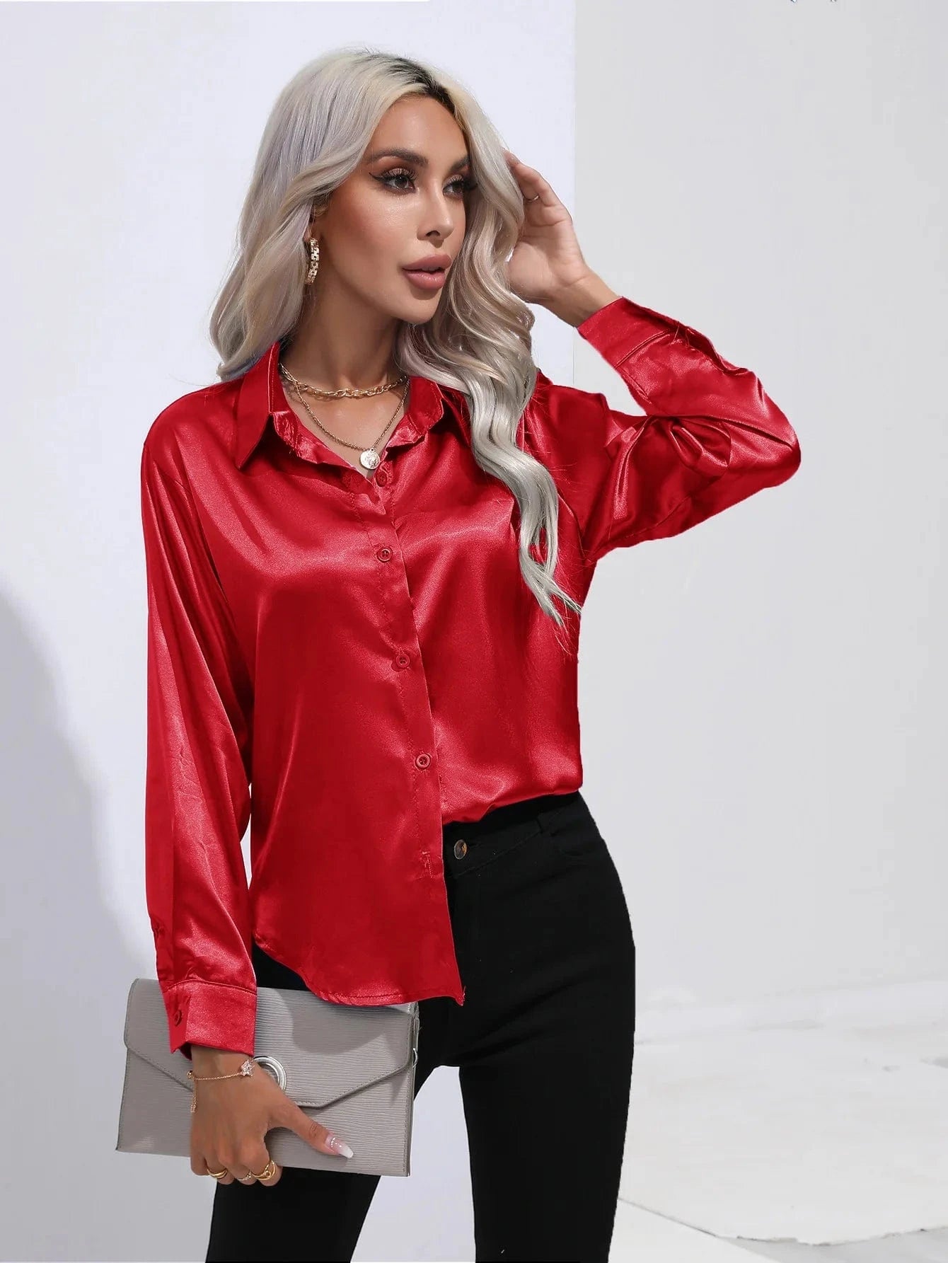 S / Red Satin shirt Women's satin silk Long sleeve shirt Spring and Summer New Solid color shirt