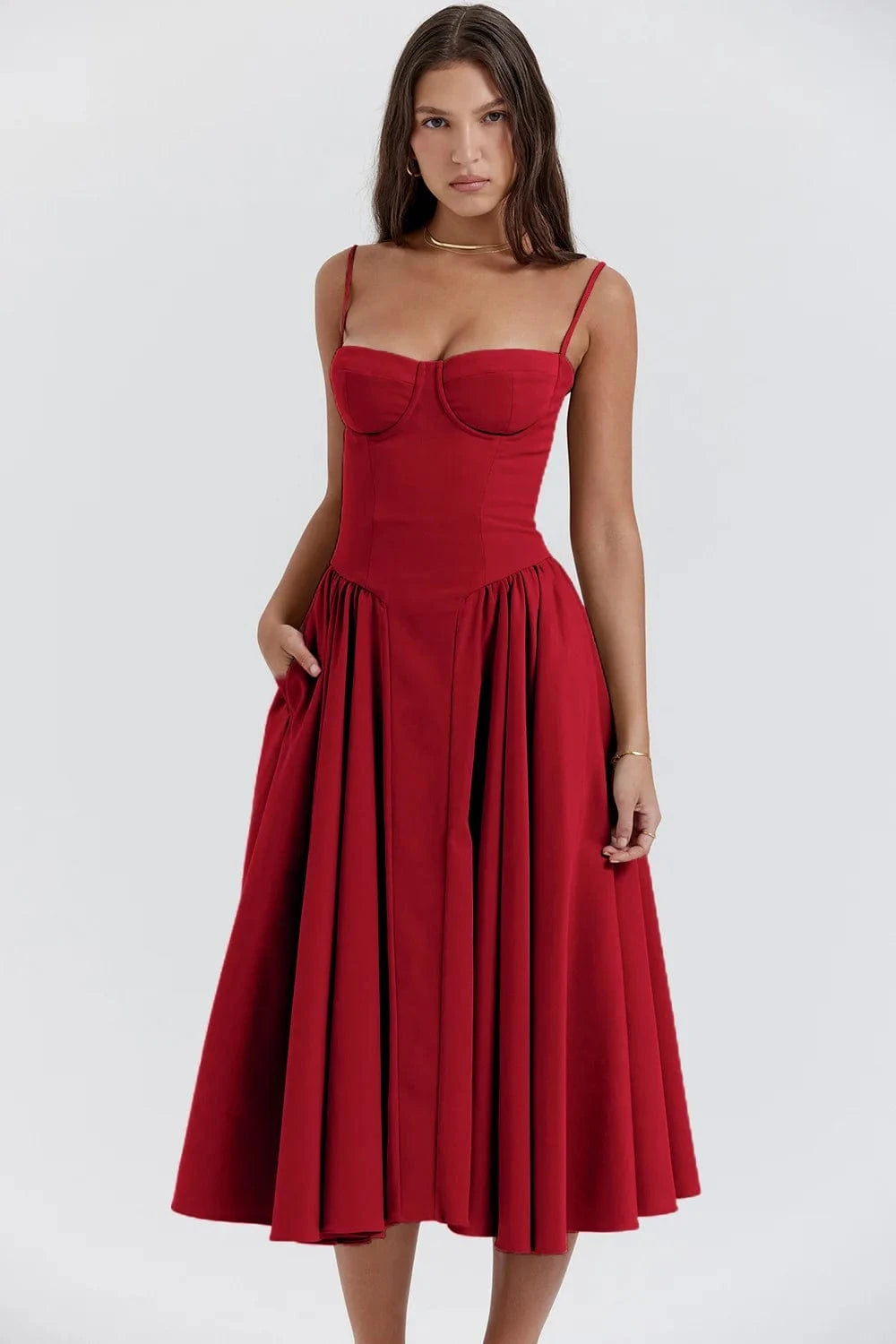 S / Red Summer New style suspender dress French retro Long skirt Solid color Printing wearing suspender Dress women