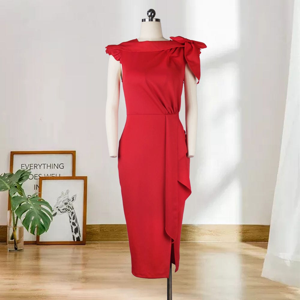 S / Red Summer Trendy Red Elegant Bowtie Ruffle Party Lady Career Office Dress