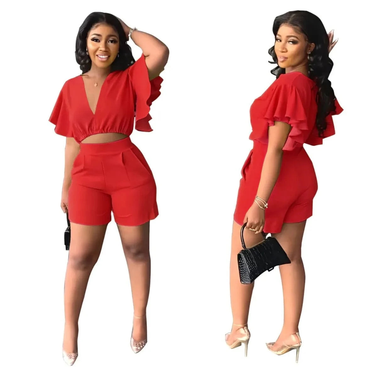 S / Red Summer Women's Sets Ruffled Sleeve V-neck Top + High Waist Pocketed Shorts Suit Lady Solid Casual Two Piece Set