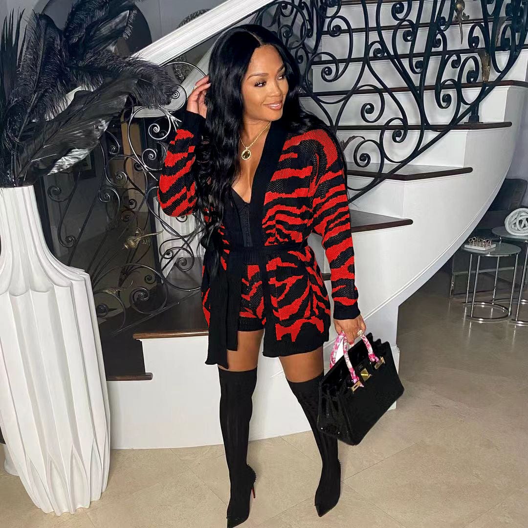 S / Red Trendy Women Clothes Autumn 2 Pieces Sets Sweater Outfit Manual Knitted Leopard Coat Shorts with Belt