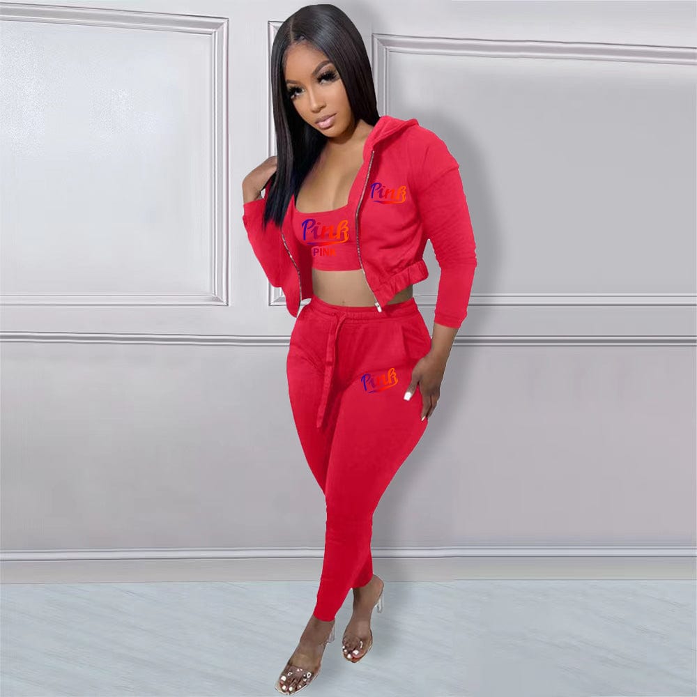 S / Red Trendy Women Clothes Casual Print Gradient Patchwork Sweatsuit Hooded Collar Long Sleeve Three Pieces